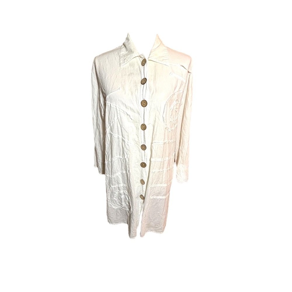 Women’s CZ Cover Up Tunic with Applique Details Collar Coconut Buttons Sz Medium